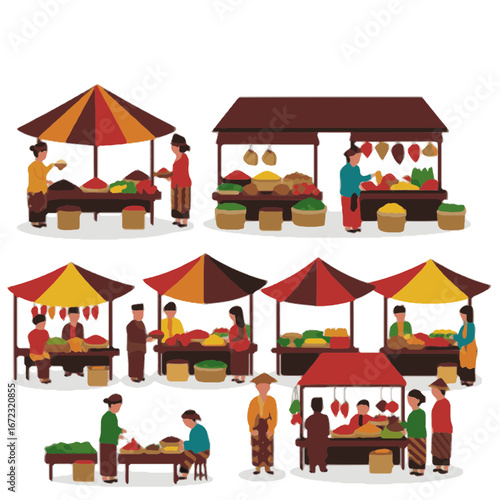 Traditional Indonesian Market Scene with Vendors and Fresh Produce Illustration