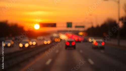 Sunset highway with blurred vehicle lights in motion, captured in warm golden tones with a long exposure effect.