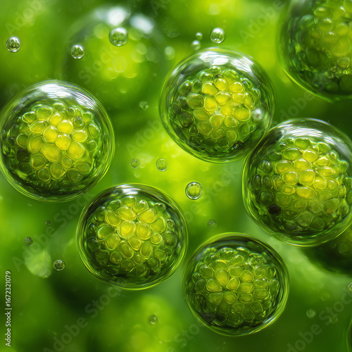 Glowing seeds suspended in vibrant green liquid, embodying natural healing and vitality.