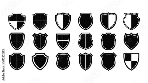 Diverse collection of monochrome shield icons, perfect for representing security, protection, and heraldic crests in various design projects, embodying concepts of defense and honor