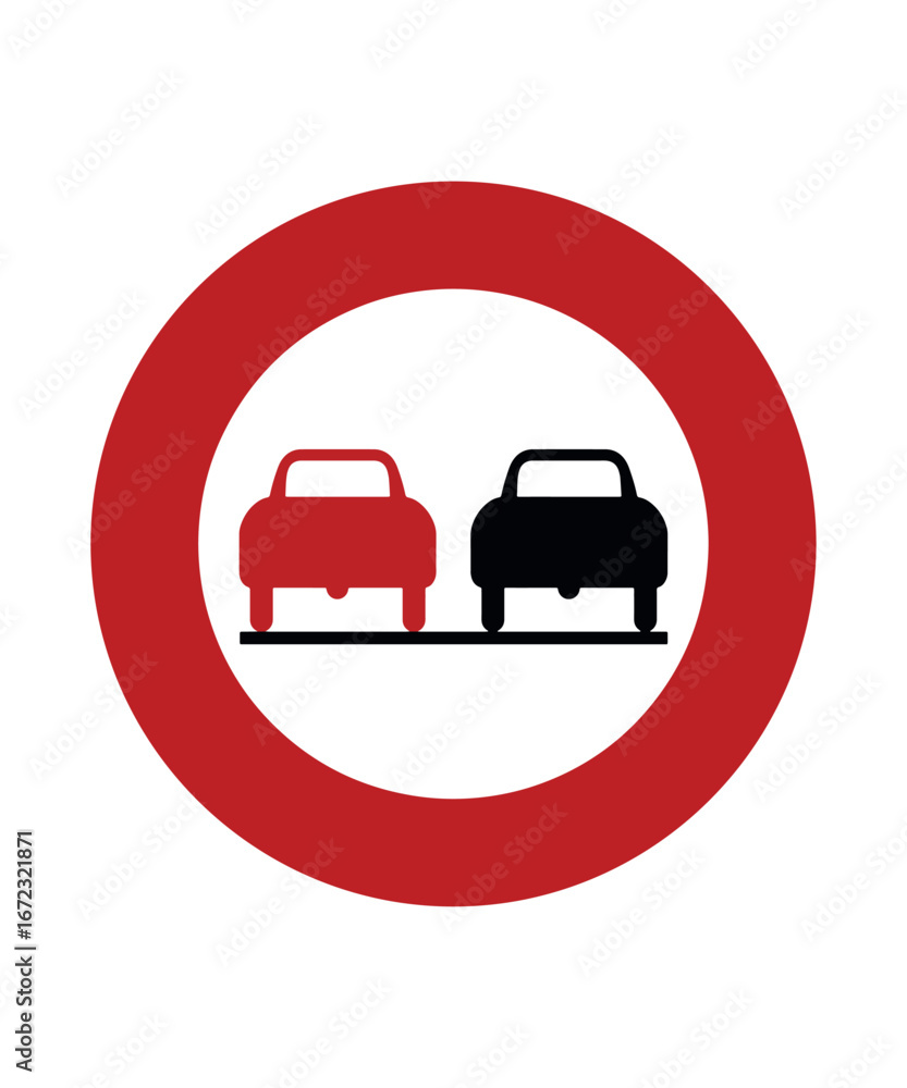 A Red Circle Sign Prohibiting Overtaking Depicts Cars Side by Side A Red Circle Sign Prohibiting Overtaking Depicts Cars Side by Side