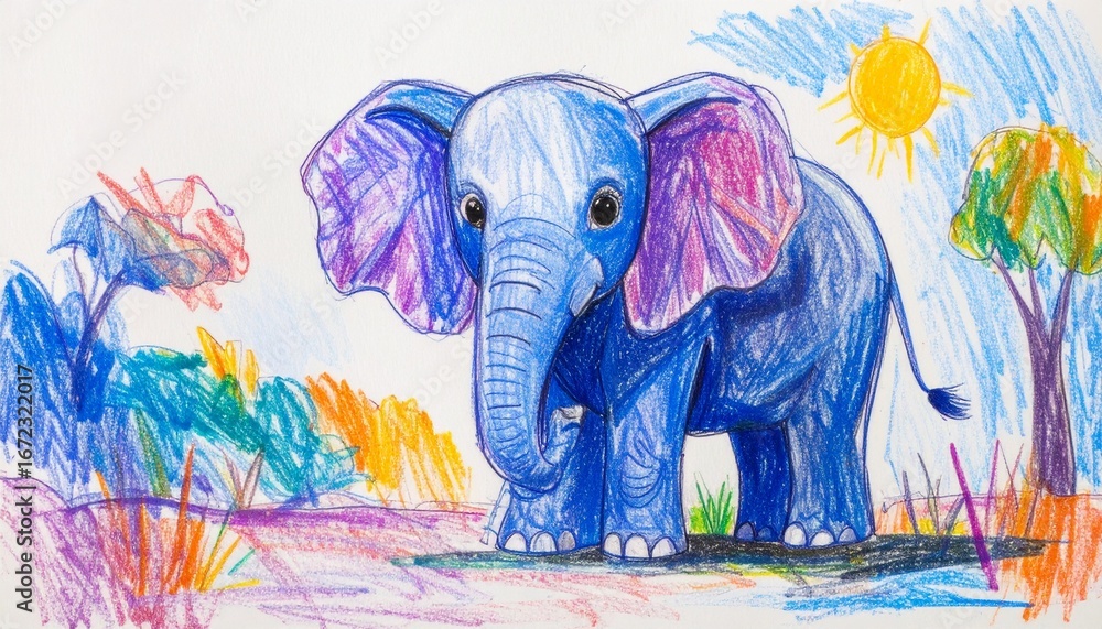 Obraz premium Blue Elephant Crayon Drawing