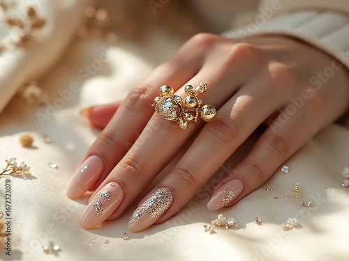 Elegant Nude Glitter Nails with Gold Statement Ring Feminine Hand Jewelry Close-Up