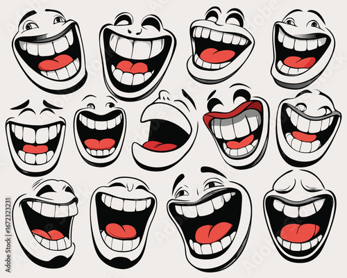 Collection of Cartoon Faces Expressing Extreme Laughter and Joy with Open Mouths