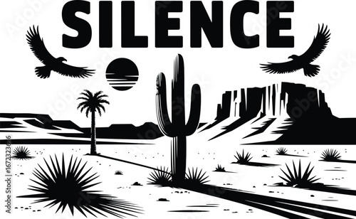 Desert silence eagles and saguaro cactus under a setting sun