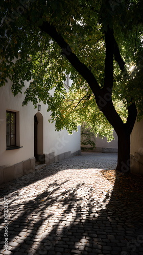 Cobblestone street with shadows from a tree and sunlight on walls  