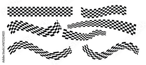 Racing stripes and checkered flags vector set. Dynamic black shapes for speed, automotive graphics, car decals, motorsport branding, and motion design themes