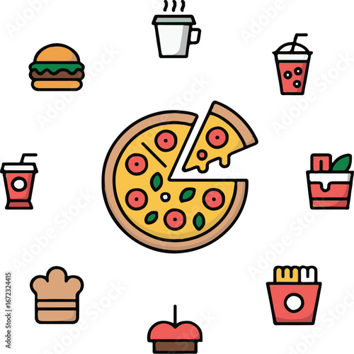 Food icons pizza burger fries coffee and drinks arranged around a pizza slice fast food junk food