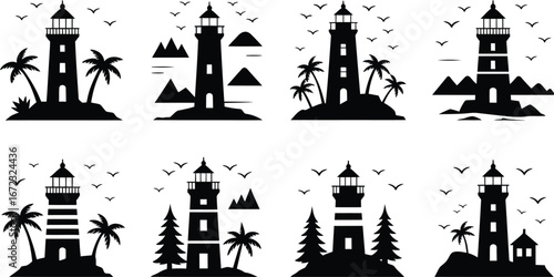 Collection of stylized lighthouse silhouettes on islands with palm trees and birds