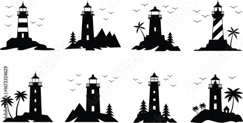 Collection of eight silhouette lighthouses on rocky islands