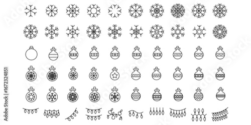 New Year - a set of thin line vector icons. Editable strokes. Pixel Perfect. This set contains icons such as New Year, Winter, Christmas, Snowflakes, Christmas tree lights decorations.
