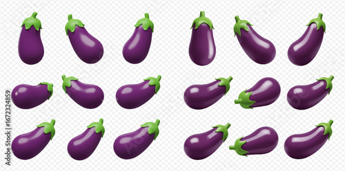 Collection of 3D rendered eggplants in various orientations, showcasing glossy texture and vibrant purple hue.