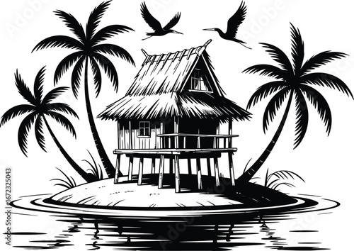 Tropical island hut with palm trees and flying birds