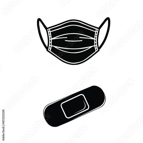 Medical mask and bandage isolated on white background for health protection, health protection icon