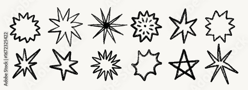 Crayon star set hand drawn with pencil and chalk line texture. Black doodle stars in rough sketch style with different shapes and lines. Perfect for fabric, wrapping paper, posters, print
