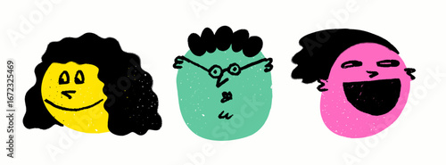 Emoji crayon face doodle set with three cartoon heads in chalk texture. Face ...