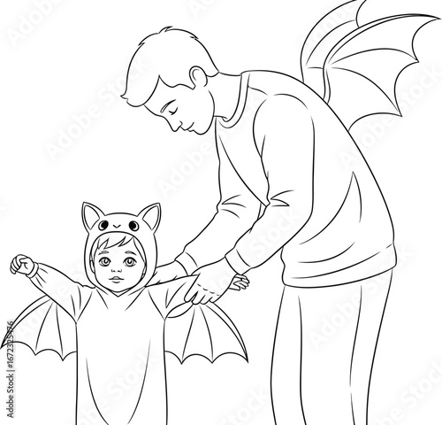 Father child bat costume halloween wings family love care parenting cute