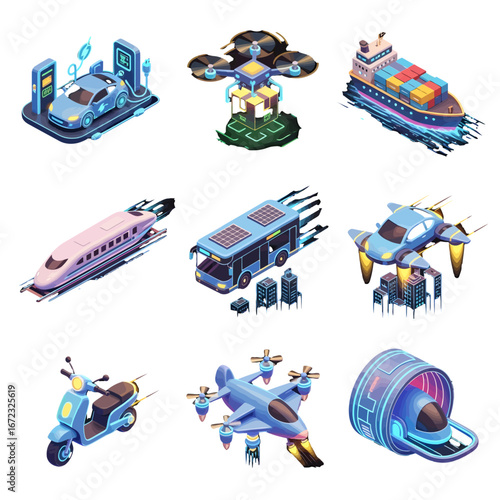 Isometric Futuristic Transportation Electric Car Drone Ship Train Bus Flying Car.