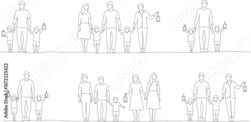 Family parents children holding hands lanterns outline drawing togetherness