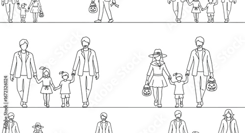 Halloween family trick or treat costumes kids parents walking together fun
