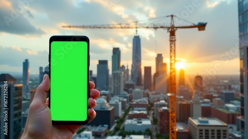 City Skyline and Mobile Screen: A hand holds a mobile phone with a green screen, offering a modern view set against a sprawling city skyline under the setting sun.