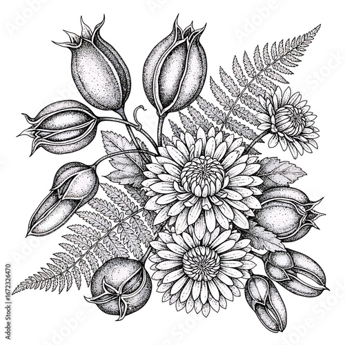 An artistic floral arrangement featuring an array of different flower types.