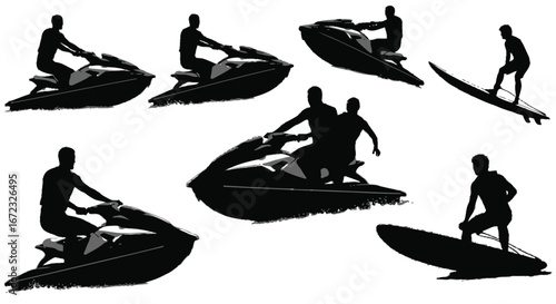 Water Sports Silhouettes: Jet Ski and Surfing