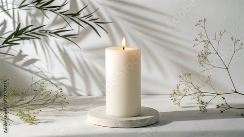 Lit white candle on a stone stand with baby's breath and leaf shadows against a white background