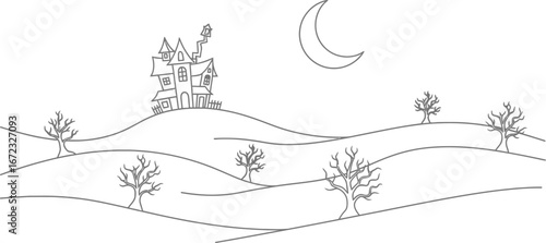 Halloween haunted house spooky night moon trees landscape creepy scary october art
