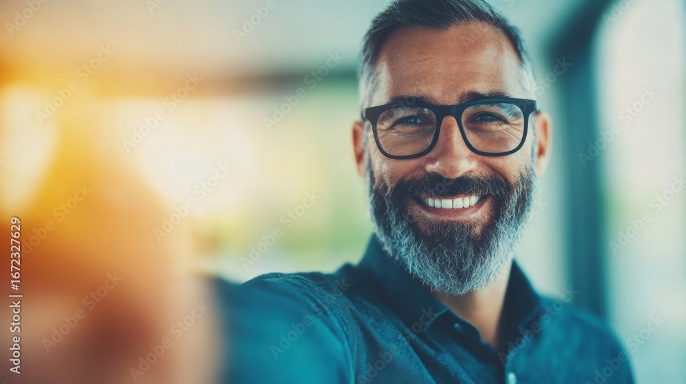 Fototapeta premium Smiling man with glasses captures a moment of joy indoors