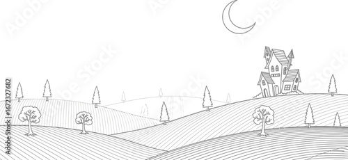 Landscape hills trees house moon night drawing sketch outline spooky dark