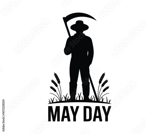 Farmer silhouette holding sickle for may day labor celebration isolated black and white vector illustration