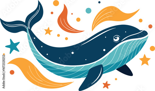 Whimsical whale surrounded by stars and abstract shapes