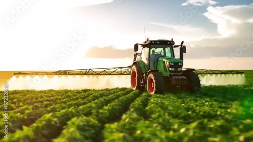 Tractor Spraying Crops in Field at Sunset - Agriculture and Farming