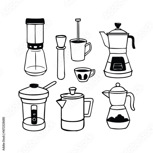 Coffee Brewing Methods Line Art Set. Minimal Vector Outline Icons for Café Branding