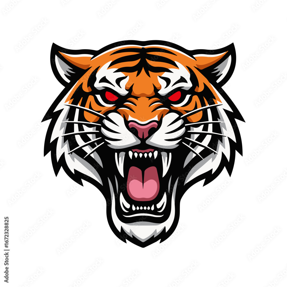 Obraz premium Angry tiger mascot logo design with open mouth, red eyes and sharp fangs, vector illustration