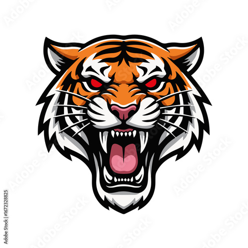 Angry tiger mascot logo design with open mouth, red eyes and sharp fangs, vector illustration