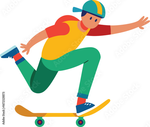 Young person riding a skateboard with a colorful outfit