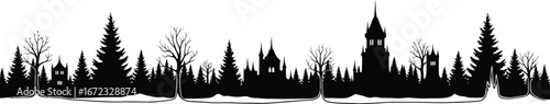 Silhouette forest trees castle landscape nature winter snow dark spooky scene