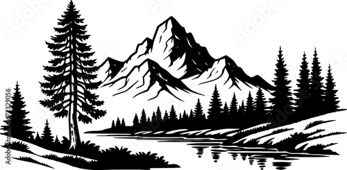 Mountain landscape with pine trees and lake