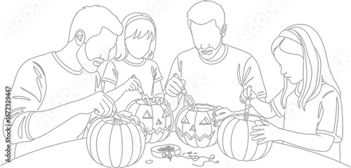 Family carving pumpkins halloween autumn celebration tradition holiday fun activity