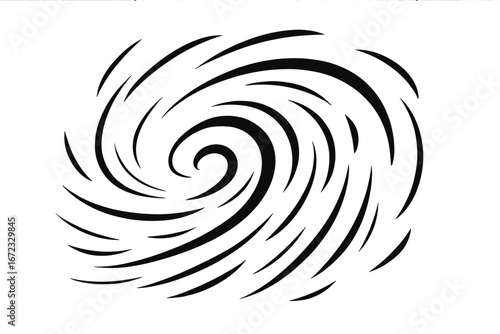 Abstract spiral vortex. Dynamic swirl representing movement, speed, and energy. Black and white minimalist graphic of a storm, hurricane, or tornado. Concept of chaos and spin.