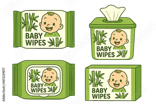 A vector set of baby wipes packaging designs with a cheerful baby and bamboo elements. Cartoon illustration for natural, eco-friendly baby care products. Hygiene concept.