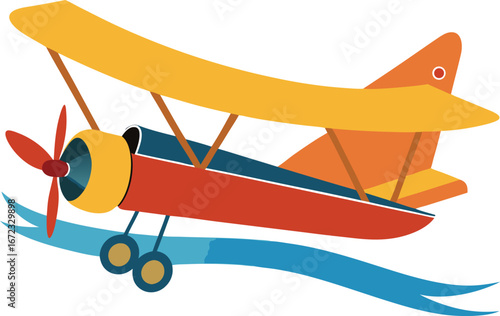 Colorful biplane flying through blue waves