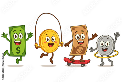 Funny money characters playing sports. Cartoon currency mascots collection. Active dollar bill, coin with jump rope, banknote on skateboard, hula hoop coin. Financial vector set.