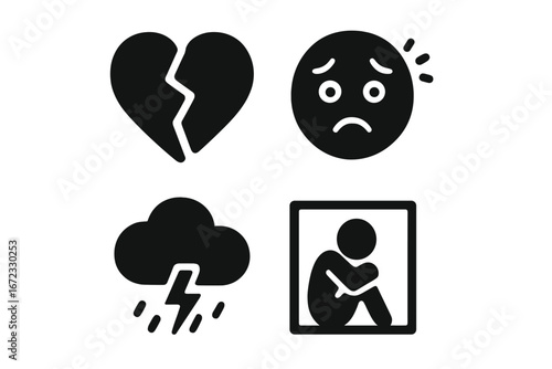 Anxiety and depression glyph icon set. Mental health, psychology concept. Stress, loneliness, isolation, heartbreak, worry, mood disorder, negative emotions vector symbols.