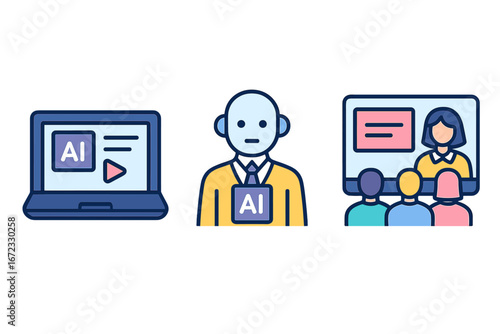 AI education icon set. E-learning, virtual classroom, online course concept. Flat vector icons for AI tutor, chatbot, webinar, digital learning, smart education platform.