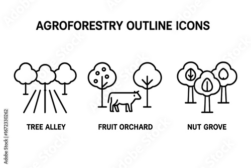 Agroforestry outline icons set. Sustainable farming systems vector symbols. Alley cropping, silvopasture with livestock, fruit orchard and nut grove line art illustrations.