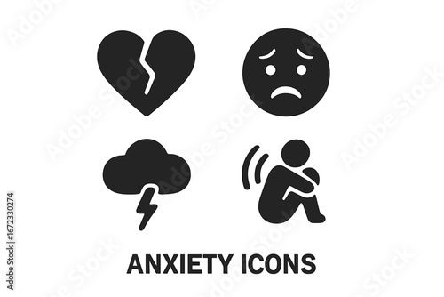 Anxiety solid icons set. Metaphor for depression, stress, mental health issues. Vector symbols of mood disorder, panic attack, grief, loneliness, broken heart, worry face.