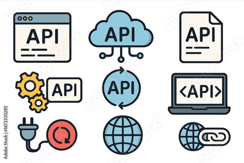 API icon set for software development and technology. Application programming interface symbols. Web integration, data connection, cloud computing, code, and system icons.
